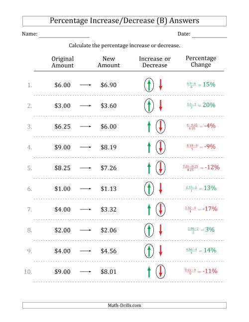 The Percentage Increase or Decrease of Decimal Dollar Amounts with 1 Percent Intervals (B) Math Worksheet Page 2