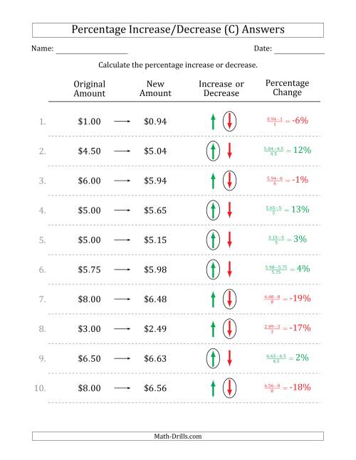 The Percentage Increase or Decrease of Decimal Dollar Amounts with 1 Percent Intervals (C) Math Worksheet Page 2