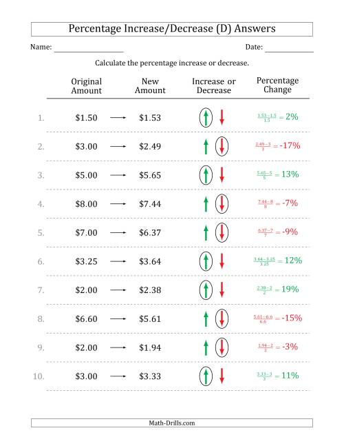 The Percentage Increase or Decrease of Decimal Dollar Amounts with 1 Percent Intervals (D) Math Worksheet Page 2