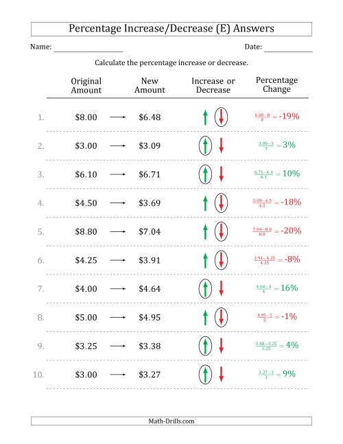 The Percentage Increase or Decrease of Decimal Dollar Amounts with 1 Percent Intervals (E) Math Worksheet Page 2