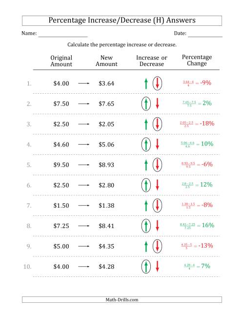 The Percentage Increase or Decrease of Decimal Dollar Amounts with 1 Percent Intervals (H) Math Worksheet Page 2