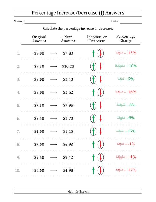 The Percentage Increase or Decrease of Decimal Dollar Amounts with 1 Percent Intervals (J) Math Worksheet Page 2
