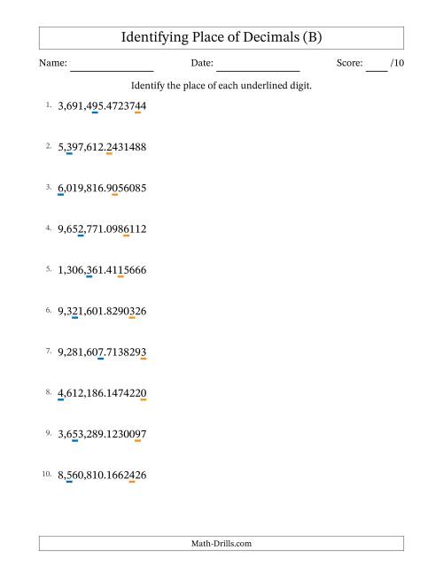 The Identifying Place of Decimal Numbers from Ten Millionths to Millions (B) Math Worksheet