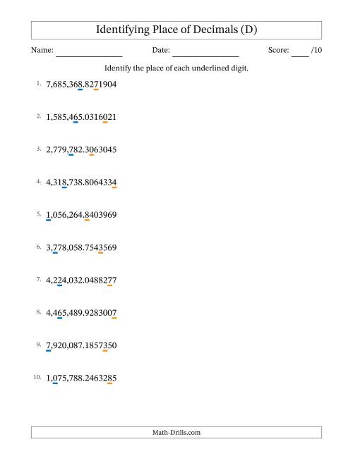 The Identifying Place of Decimal Numbers from Ten Millionths to Millions (D) Math Worksheet
