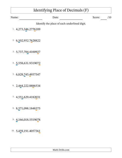 The Identifying Place of Decimal Numbers from Ten Millionths to Millions (F) Math Worksheet