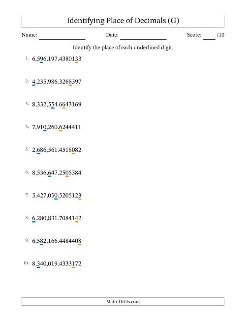 The Identifying Place of Decimal Numbers from Ten Millionths to Millions (G) Math Worksheet