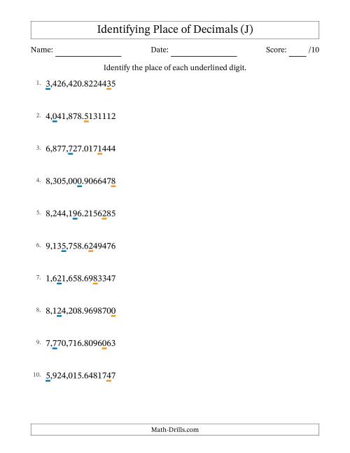 The Identifying Place of Decimal Numbers from Ten Millionths to Millions (J) Math Worksheet