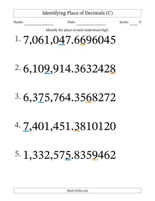 The Identifying Place of Decimal Numbers from Ten Millionths to Millions (Large Print) (C) Math Worksheet