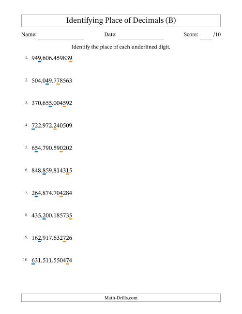 The Identifying Place of Decimal Numbers from Millionths to Hundred Thousands (B) Math Worksheet