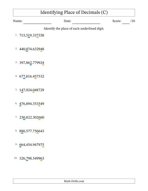 The Identifying Place of Decimal Numbers from Millionths to Hundred Thousands (C) Math Worksheet