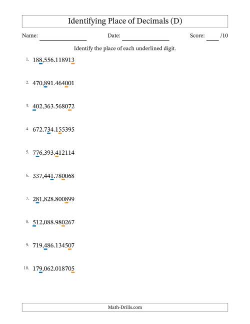 The Identifying Place of Decimal Numbers from Millionths to Hundred Thousands (D) Math Worksheet