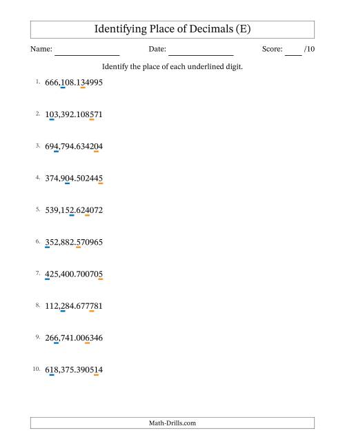 The Identifying Place of Decimal Numbers from Millionths to Hundred Thousands (E) Math Worksheet