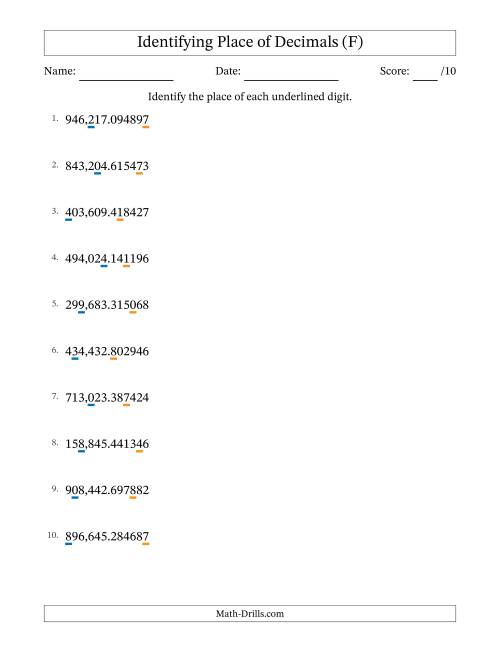 The Identifying Place of Decimal Numbers from Millionths to Hundred Thousands (F) Math Worksheet