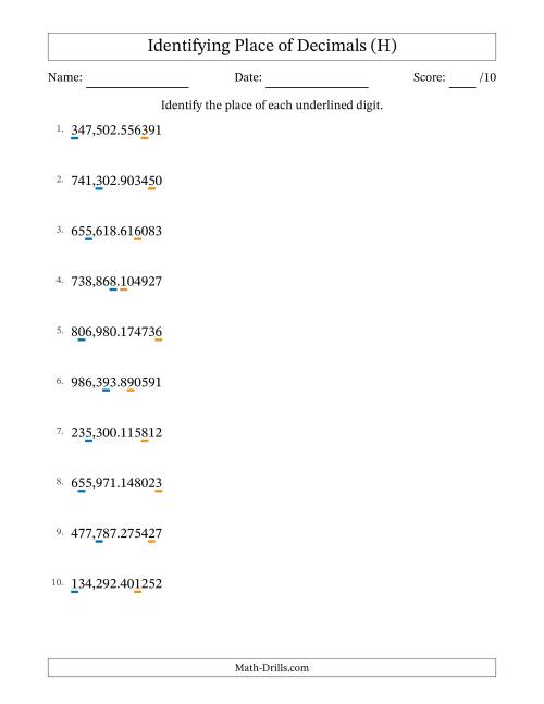 The Identifying Place of Decimal Numbers from Millionths to Hundred Thousands (H) Math Worksheet