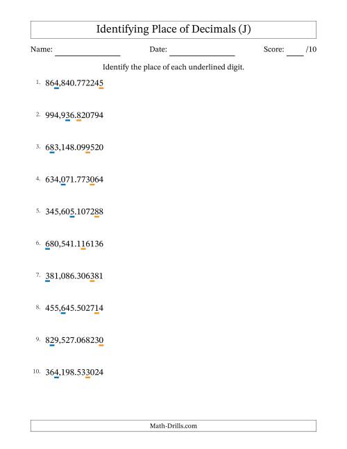 The Identifying Place of Decimal Numbers from Millionths to Hundred Thousands (J) Math Worksheet
