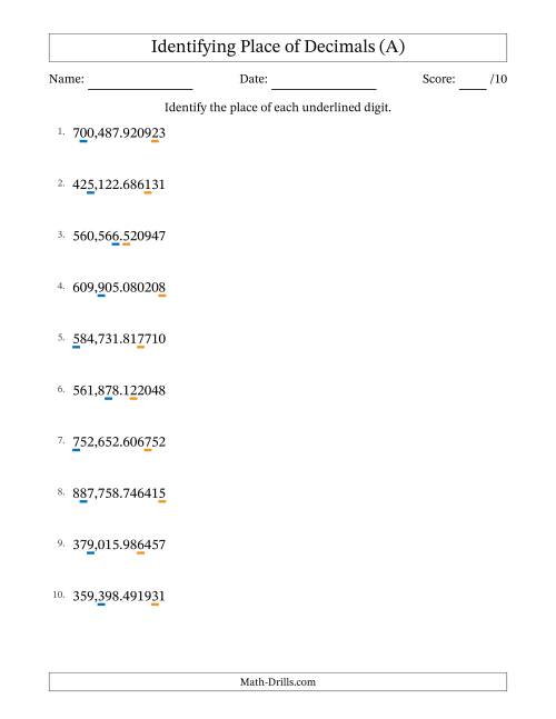 The Identifying Place of Decimal Numbers from Millionths to Hundred Thousands (All) Math Worksheet