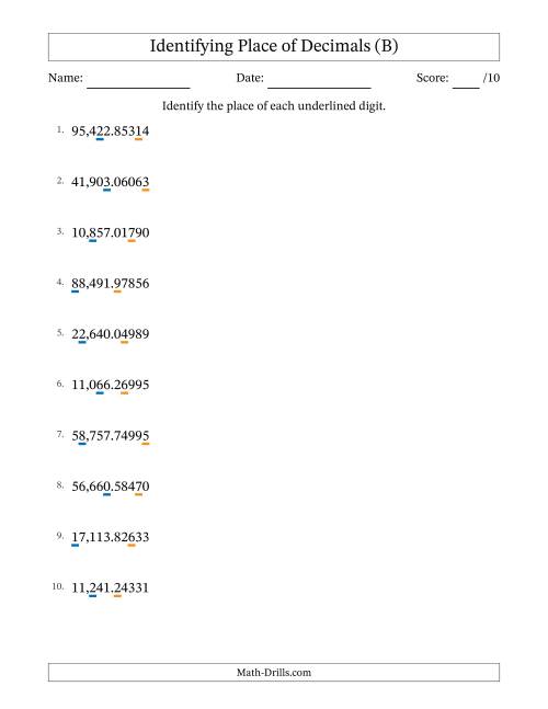 The Identifying Place of Decimal Numbers from Hundred Thousandths to Ten Thousands (B) Math Worksheet