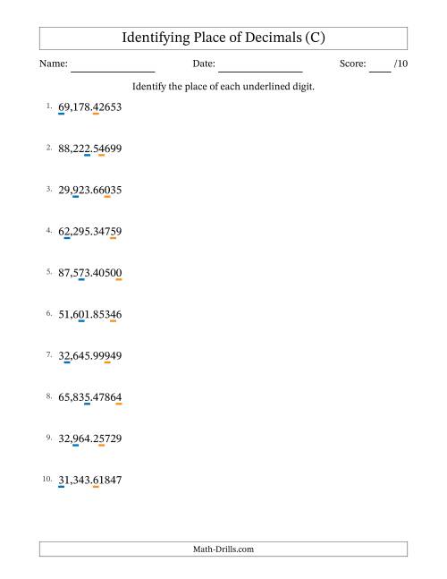 The Identifying Place of Decimal Numbers from Hundred Thousandths to Ten Thousands (C) Math Worksheet