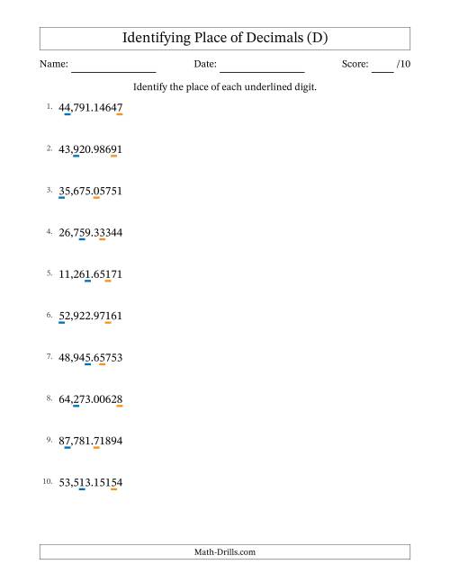 The Identifying Place of Decimal Numbers from Hundred Thousandths to Ten Thousands (D) Math Worksheet
