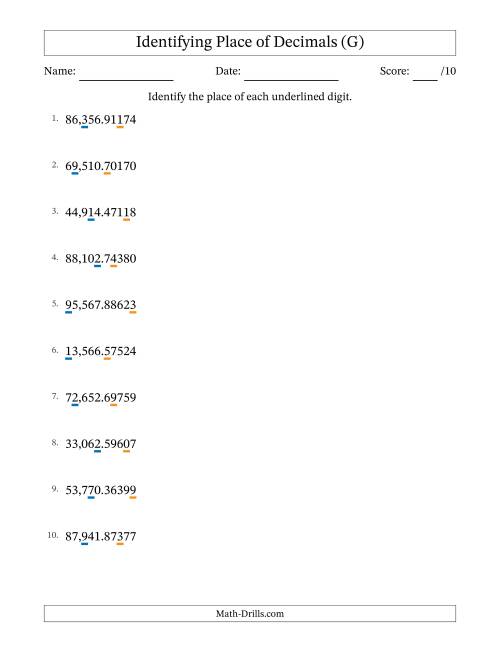 The Identifying Place of Decimal Numbers from Hundred Thousandths to Ten Thousands (G) Math Worksheet