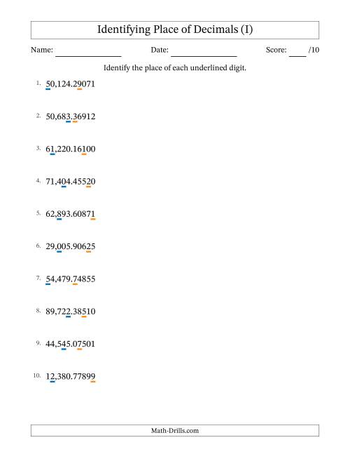 The Identifying Place of Decimal Numbers from Hundred Thousandths to Ten Thousands (I) Math Worksheet