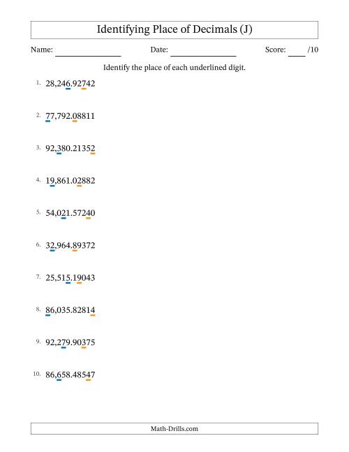 The Identifying Place of Decimal Numbers from Hundred Thousandths to Ten Thousands (J) Math Worksheet