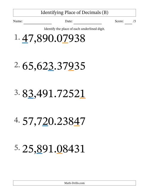 The Identifying Place of Decimal Numbers from Hundred Thousandths to Ten Thousands (Large Print) (B) Math Worksheet