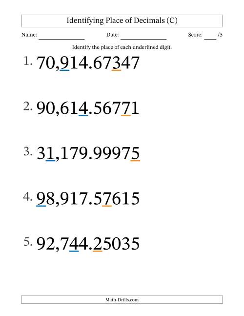 The Identifying Place of Decimal Numbers from Hundred Thousandths to Ten Thousands (Large Print) (C) Math Worksheet