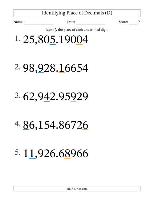 The Identifying Place of Decimal Numbers from Hundred Thousandths to Ten Thousands (Large Print) (D) Math Worksheet