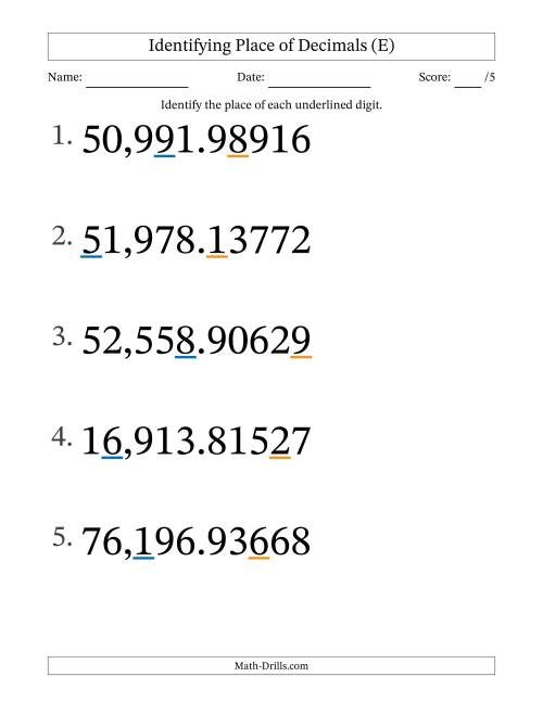 The Identifying Place of Decimal Numbers from Hundred Thousandths to Ten Thousands (Large Print) (E) Math Worksheet
