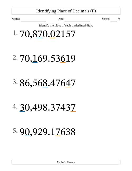 The Identifying Place of Decimal Numbers from Hundred Thousandths to Ten Thousands (Large Print) (F) Math Worksheet