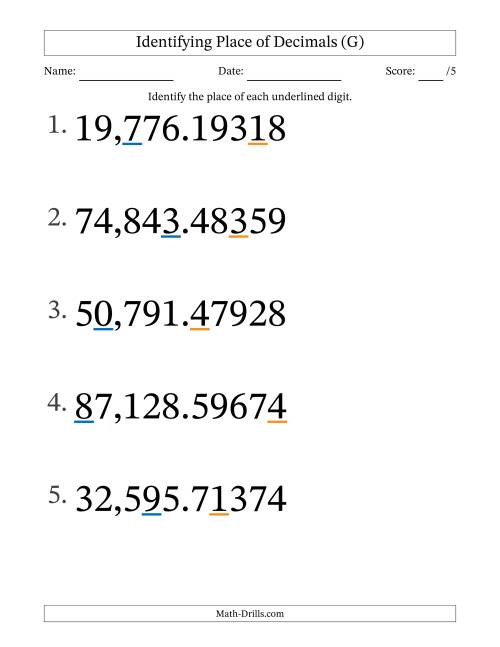 The Identifying Place of Decimal Numbers from Hundred Thousandths to Ten Thousands (Large Print) (G) Math Worksheet