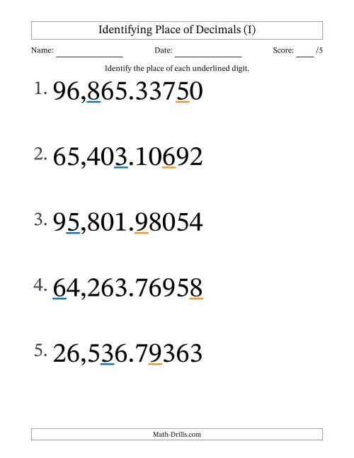 The Identifying Place of Decimal Numbers from Hundred Thousandths to Ten Thousands (Large Print) (I) Math Worksheet
