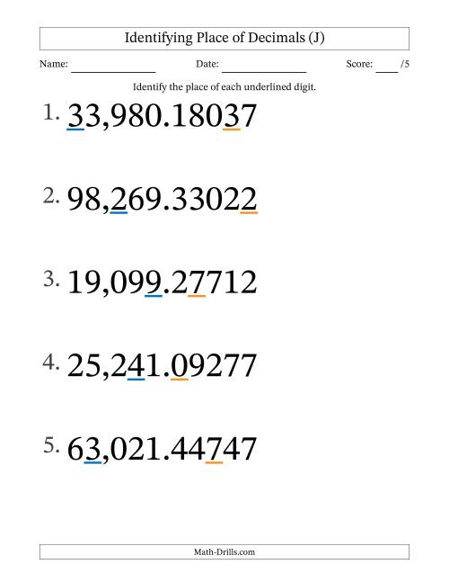 The Identifying Place of Decimal Numbers from Hundred Thousandths to Ten Thousands (Large Print) (J) Math Worksheet