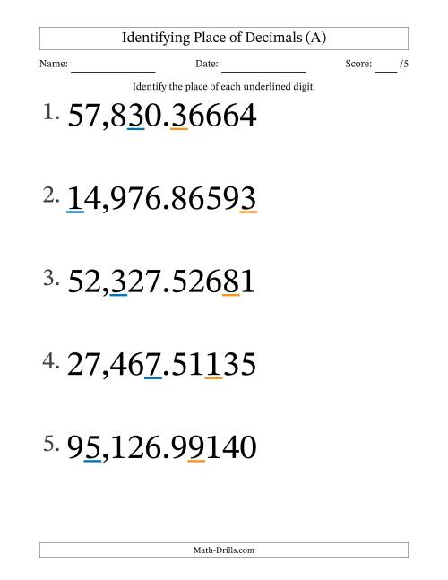 The Identifying Place of Decimal Numbers from Hundred Thousandths to Ten Thousands (Large Print) (All) Math Worksheet
