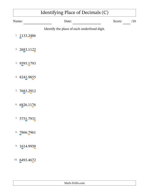 The Identifying Place of Decimal Numbers from Ten Thousandths to Thousands (C) Math Worksheet