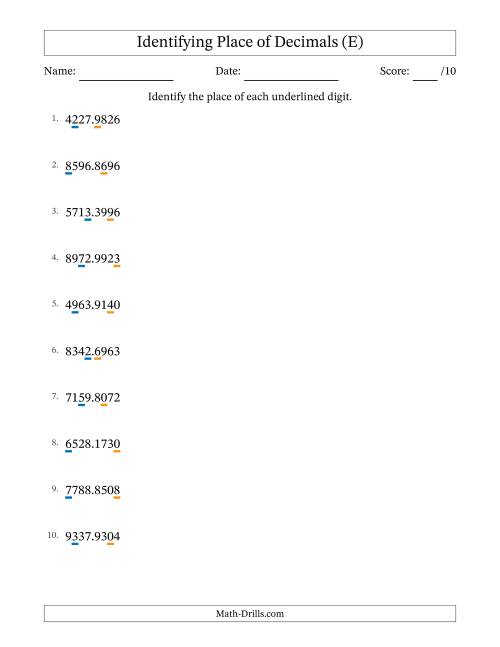 The Identifying Place of Decimal Numbers from Ten Thousandths to Thousands (E) Math Worksheet