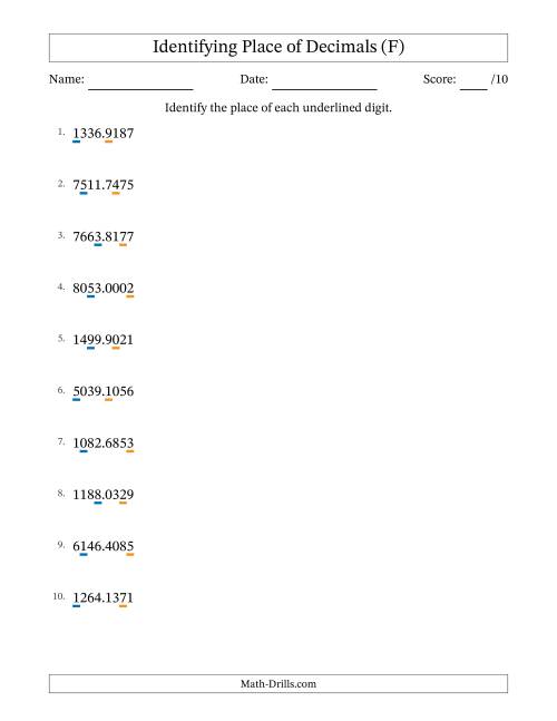 The Identifying Place of Decimal Numbers from Ten Thousandths to Thousands (F) Math Worksheet