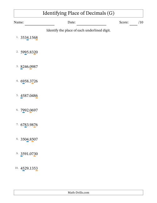 The Identifying Place of Decimal Numbers from Ten Thousandths to Thousands (G) Math Worksheet