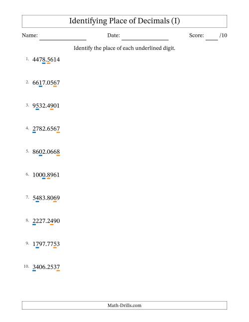 The Identifying Place of Decimal Numbers from Ten Thousandths to Thousands (I) Math Worksheet