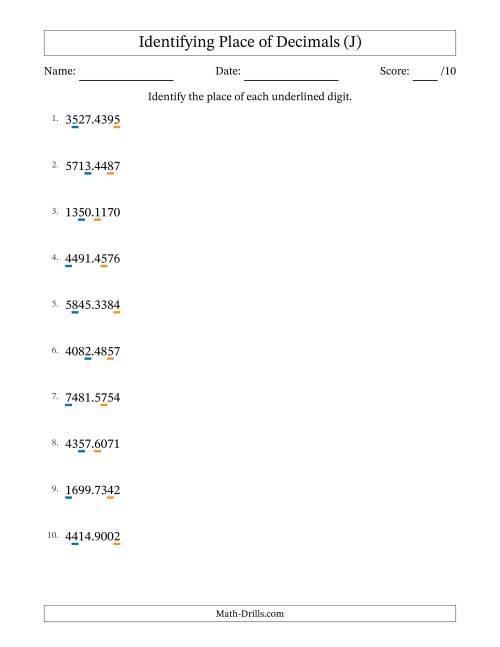 The Identifying Place of Decimal Numbers from Ten Thousandths to Thousands (J) Math Worksheet