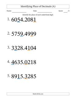 Identifying Place of Decimal Numbers from Ten Thousandths to Thousands (Large Print)