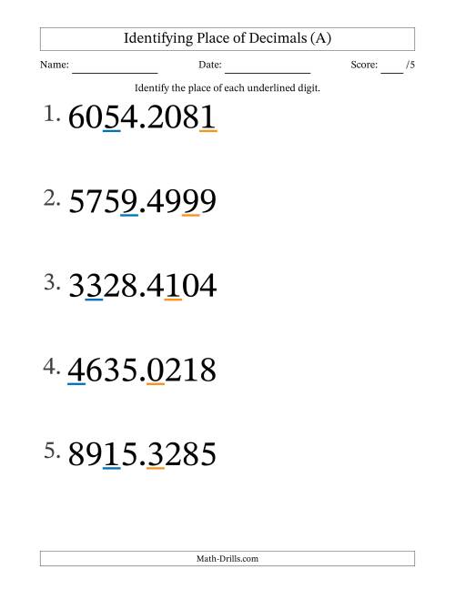 The Identifying Place of Decimal Numbers from Ten Thousandths to Thousands (Large Print) (A) Math Worksheet