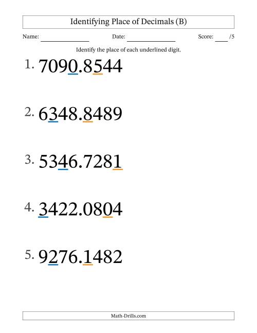 The Identifying Place of Decimal Numbers from Ten Thousandths to Thousands (Large Print) (B) Math Worksheet