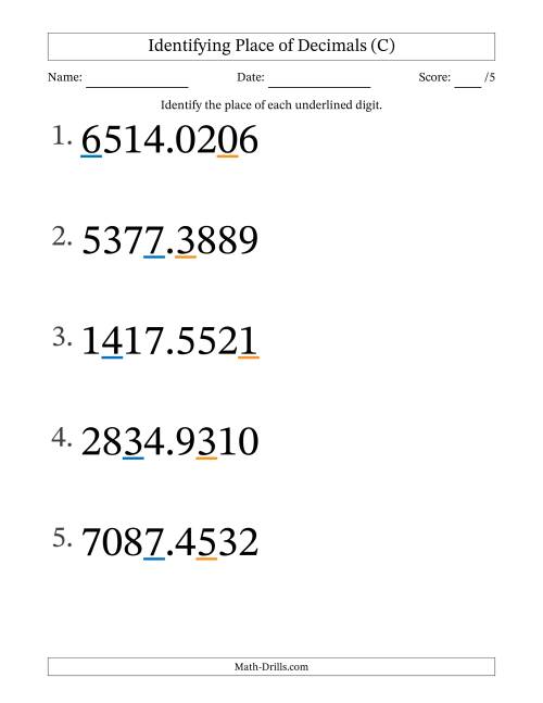 The Identifying Place of Decimal Numbers from Ten Thousandths to Thousands (Large Print) (C) Math Worksheet