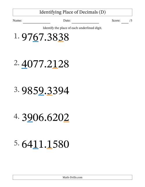 The Identifying Place of Decimal Numbers from Ten Thousandths to Thousands (Large Print) (D) Math Worksheet