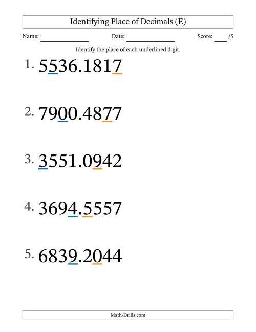 The Identifying Place of Decimal Numbers from Ten Thousandths to Thousands (Large Print) (E) Math Worksheet