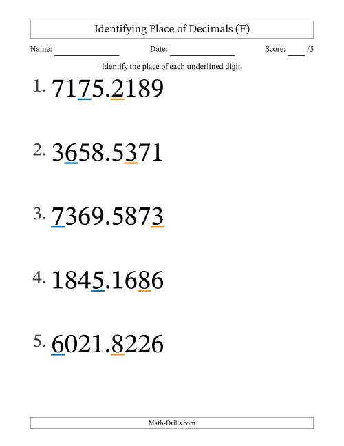 The Identifying Place of Decimal Numbers from Ten Thousandths to Thousands (Large Print) (F) Math Worksheet