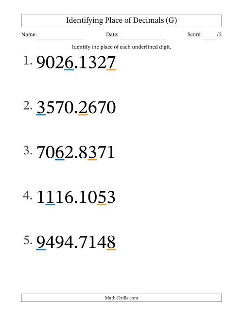 The Identifying Place of Decimal Numbers from Ten Thousandths to Thousands (Large Print) (G) Math Worksheet