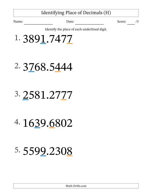 The Identifying Place of Decimal Numbers from Ten Thousandths to Thousands (Large Print) (H) Math Worksheet